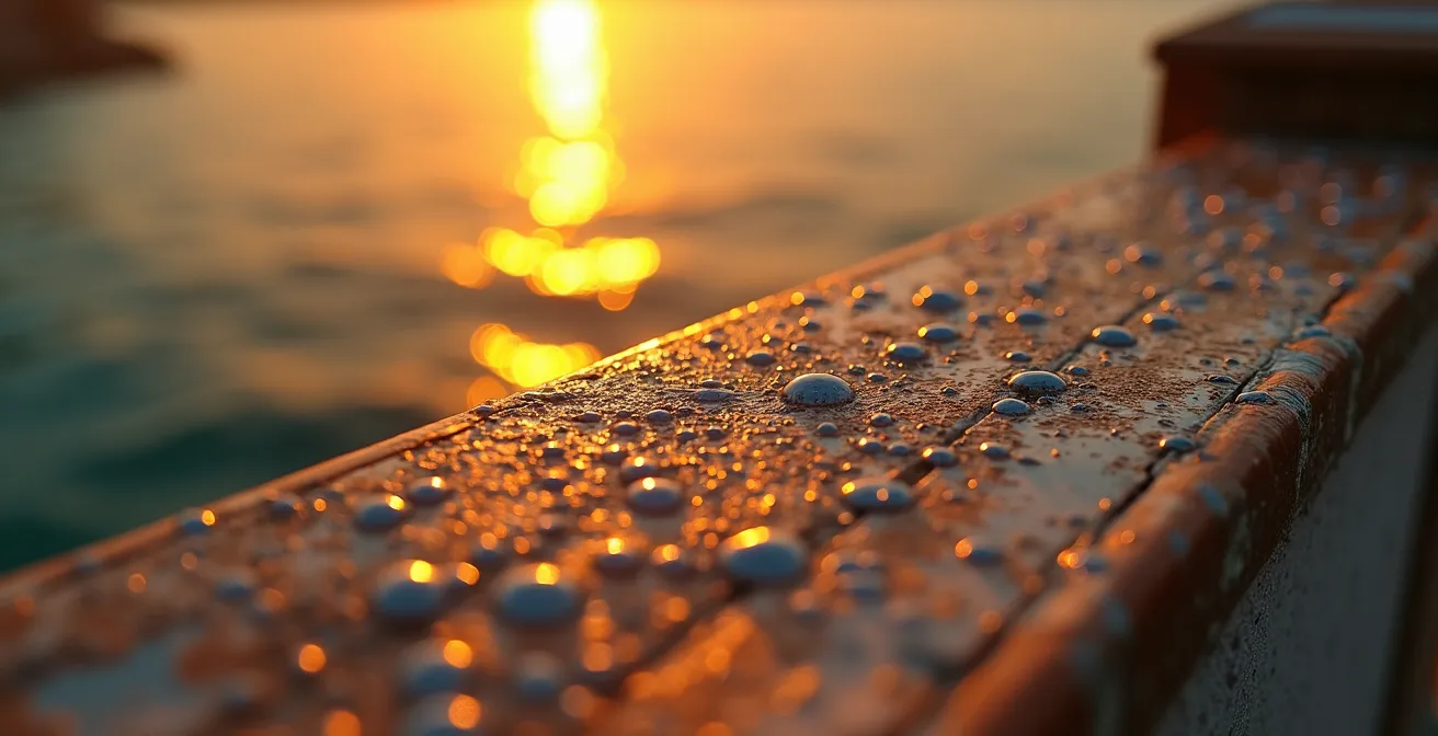 Détail d'un balcon avec mobilier face à l'étang de Thau au soleil couchant
