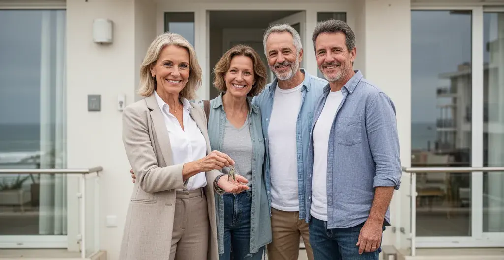 Professionnelle de conciergerie accueillant des vacanciers devant un immeuble aux Sables d'Olonne