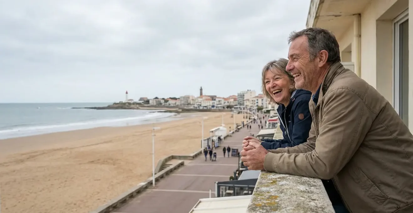 Couple propriétaire contemplant la plage des Sables d'Olonne depuis leur balcon d'appartement locatif