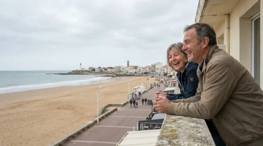 Couple propriétaire contemplant la plage des Sables d'Olonne depuis leur balcon d'appartement locatif