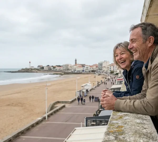 Couple propriétaire contemplant la plage des Sables d'Olonne depuis leur balcon d'appartement locatif