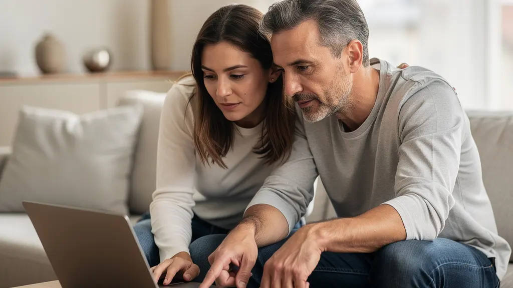 Couple trentenaire évaluant capacité emprunt immobilier sur ordinateur portable