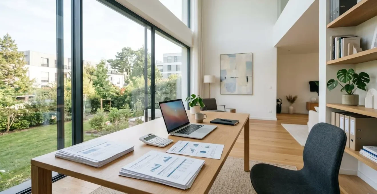 Bureau à domicile contemporain avec ordinateur portable entrouvert sur table épurée, carnets et calculatrice au premier plan, grande baie vitrée diffusant lumière naturelle en arrière-plan