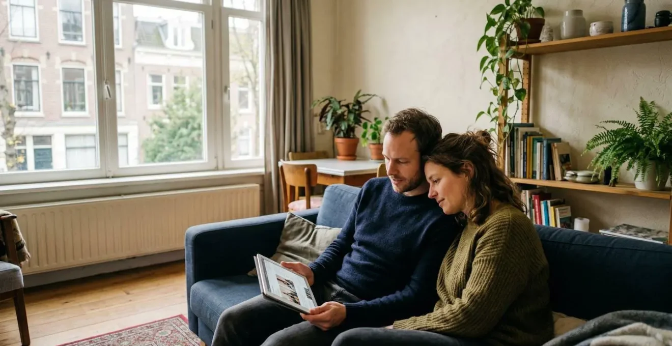 Un couple trentenaire consulte une tablette ensemble dans leur salon lumineux, expression concentrée
