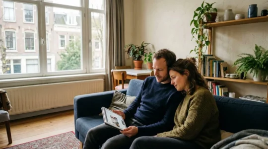 Un couple trentenaire consulte une tablette ensemble dans leur salon lumineux, expression concentrée