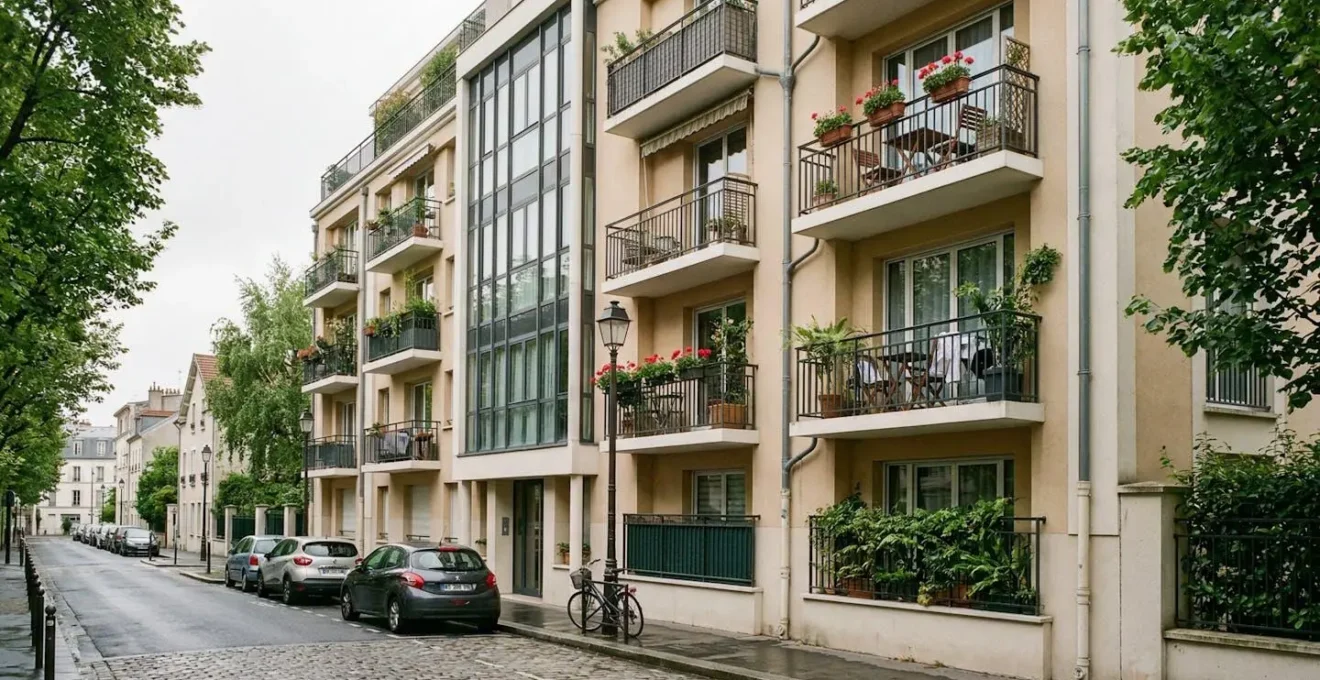 Façade d'un immeuble résidentiel moderne français avec balcons, dans un quartier urbain calme sous ciel nuageux