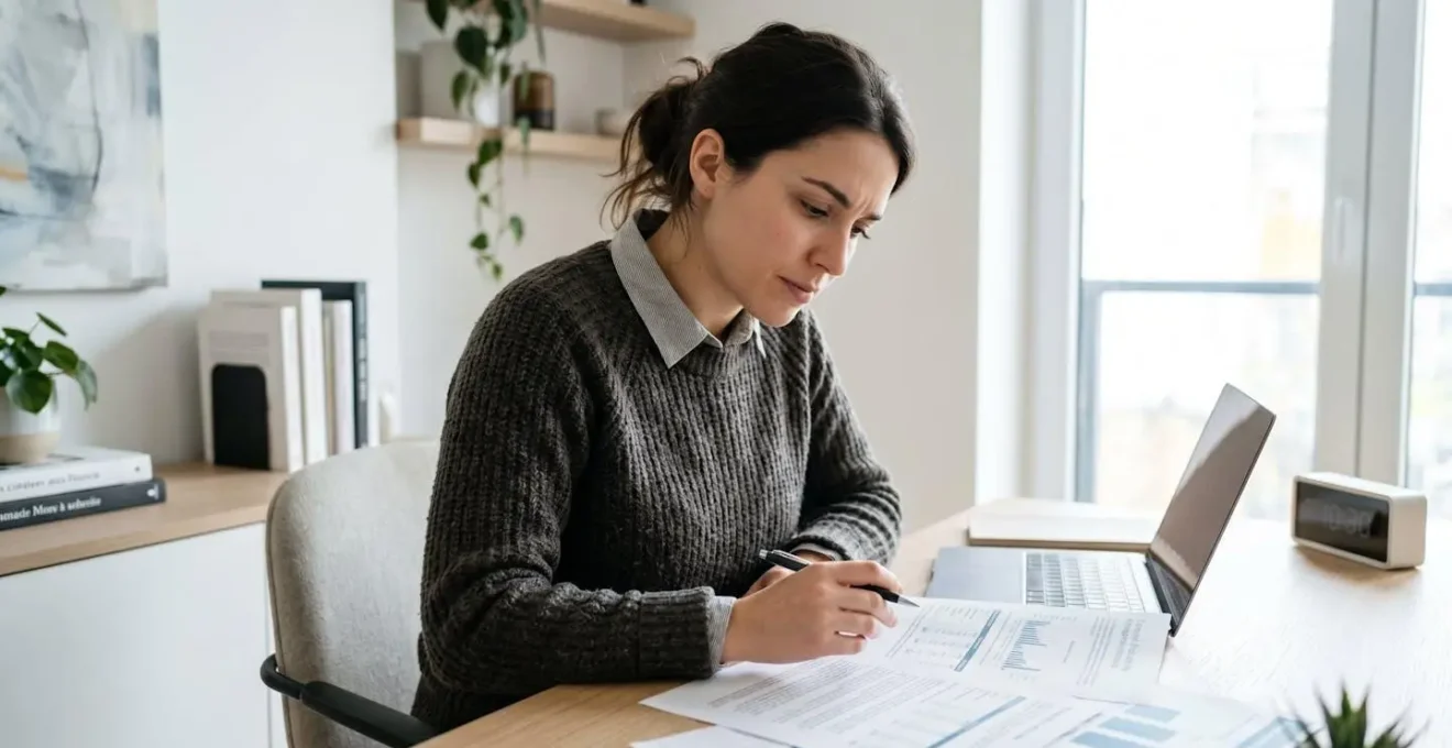 Jeune femme professionnelle assise à son bureau à domicile moderne, consultant des documents financiers avec expression concentrée et réfléchie, cadrée en over-the-shoulder dans intérieur contemporain lumineux avec lumière naturelle douce