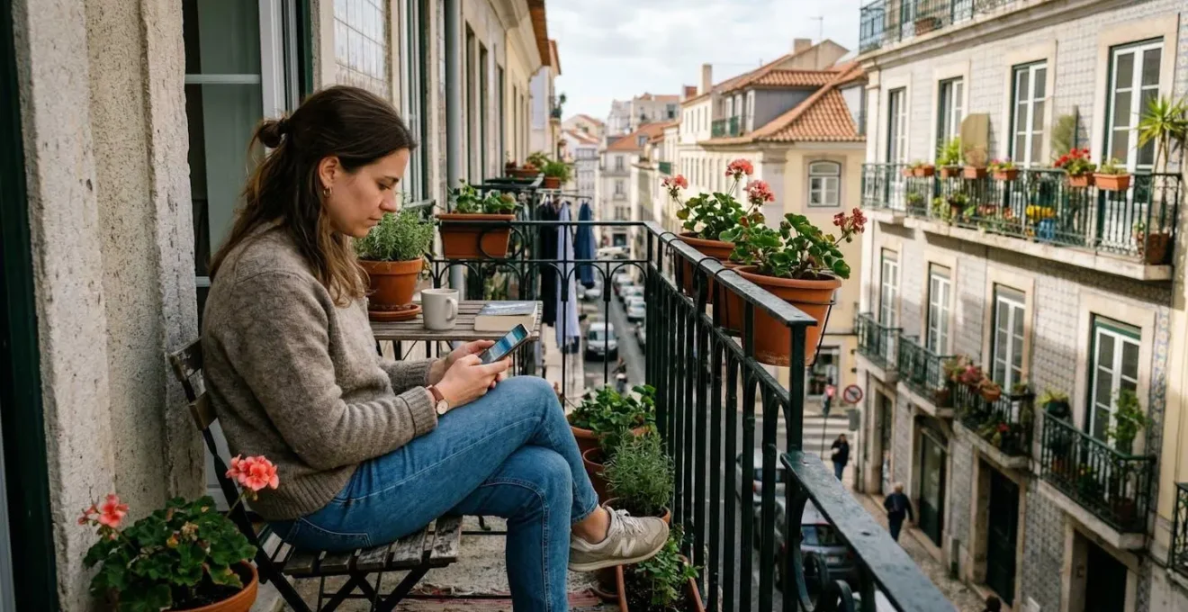 Une jeune femme consulte son smartphone sur la terrasse d'un appartement urbain, expression pensive