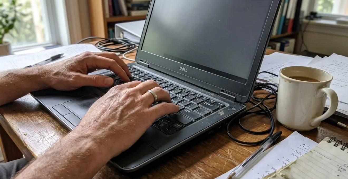 Des mains tapent sur un clavier de laptop posé sur un bureau à domicile, avec des documents papier et une tasse de café à côté