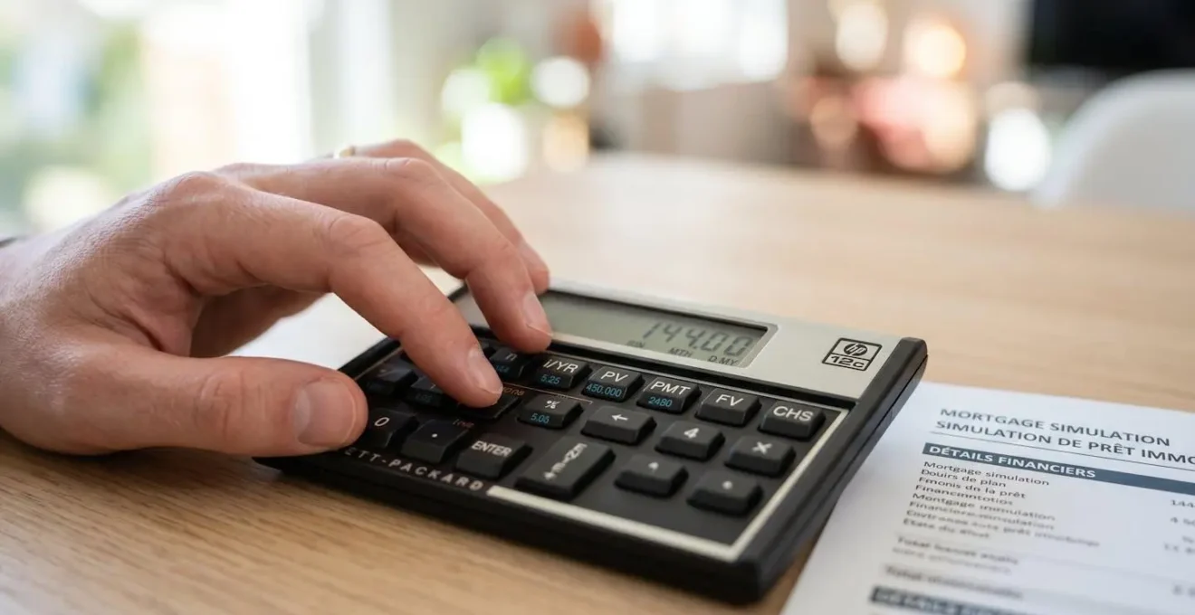 Gros plan sur des mains tapant sur les touches d'une calculatrice financière moderne, avec document de simulation de prêt immobilier partiellement visible mais totalement flouté en arrière-plan sur bureau contemporain