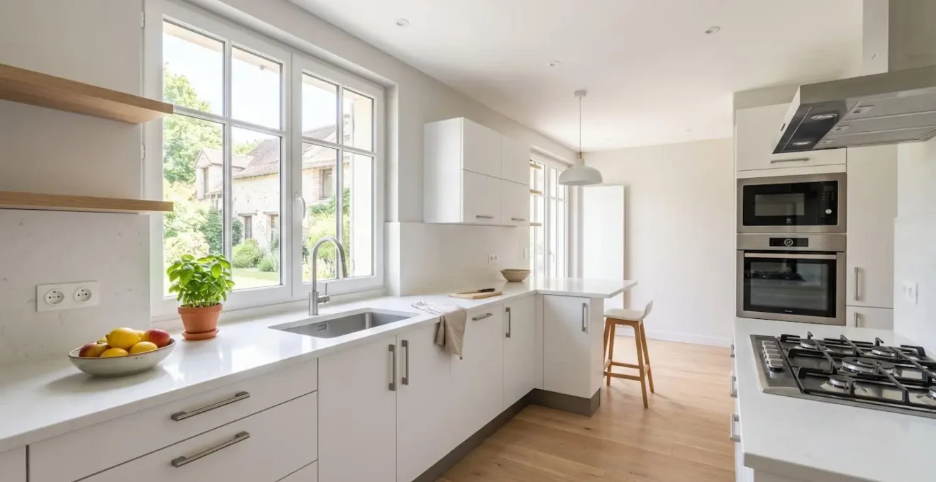 Cuisine moderne française lumineuse photographiée avec lumière naturelle et angle professionnel pour annonce immobilière, plan de travail rangé