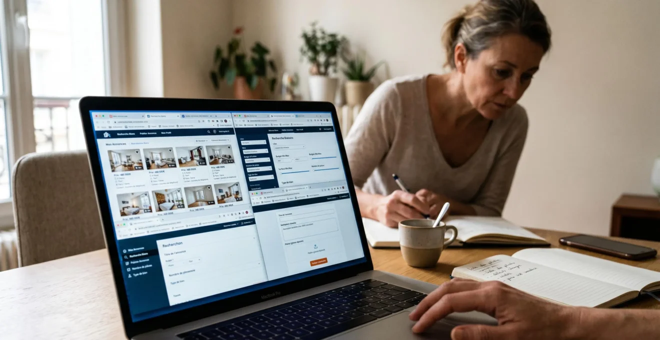 Écran d'ordinateur portable avec plusieurs onglets de plateformes d'annonces immobilières françaises ouvertes, propriétaire publiant son annonce en arrière-plan