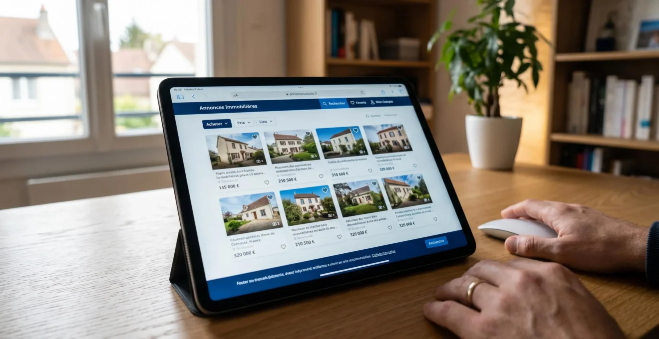 Écran d'ordinateur affichant des résultats de recherche d'annonces immobilières avec titres et prix en français, main d'acheteur consultant les annonces