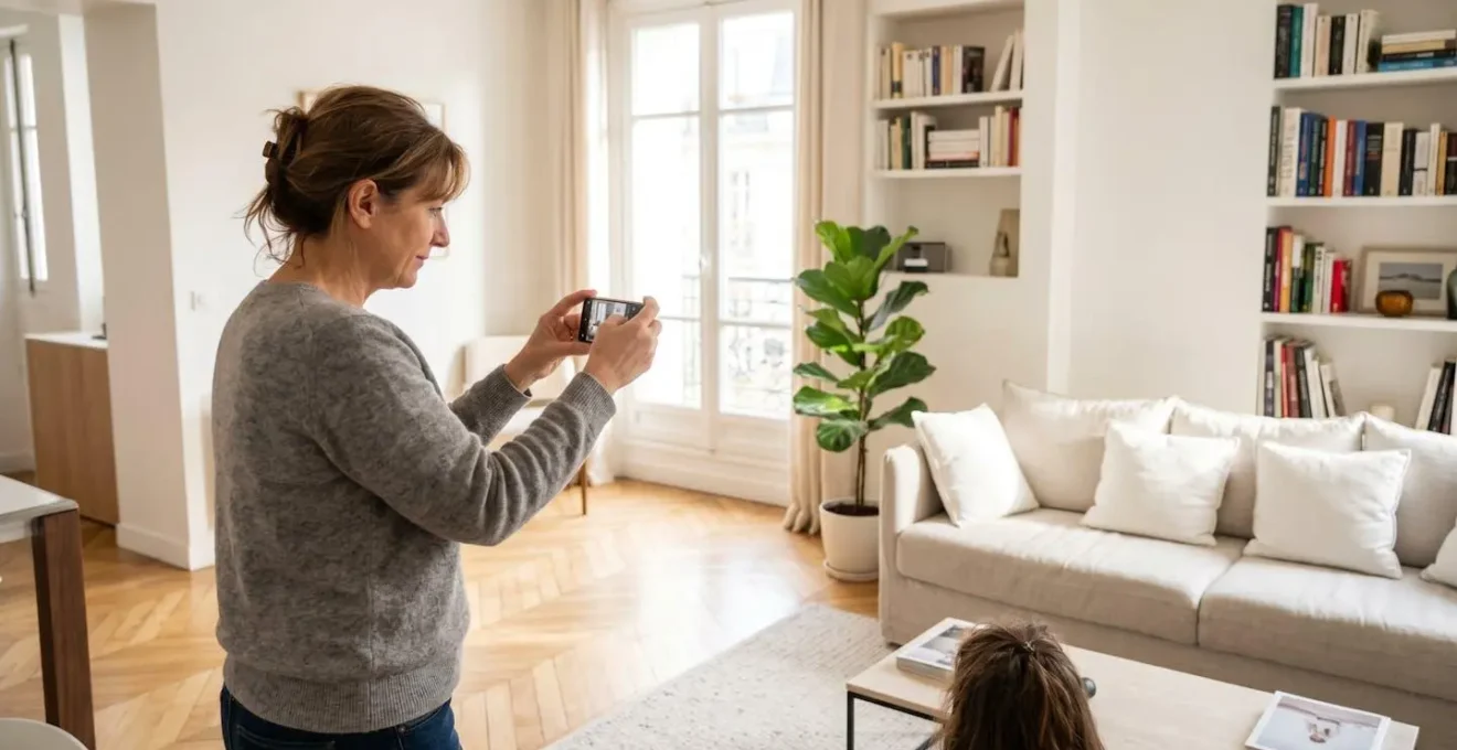 Femme photographiant son salon lumineux avec un smartphone pour créer une annonce immobilière attractive, lumière naturelle, intérieur contemporain français