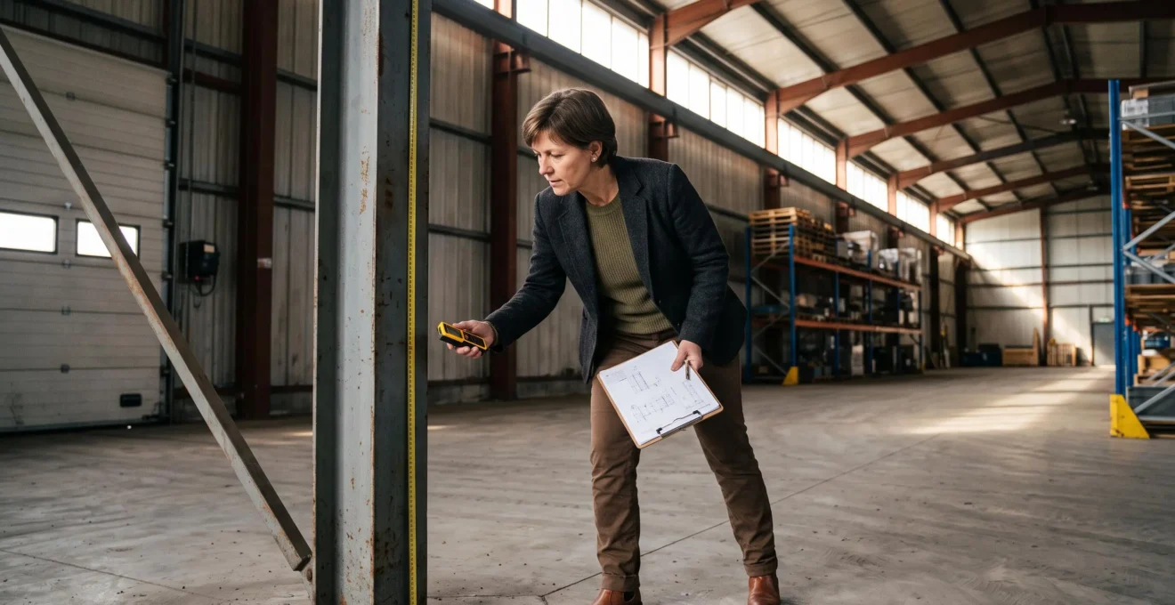 Agent immobilier spécialisé inspectant les caractéristiques techniques d'un entrepôt industriel lors d'une visite professionnelle