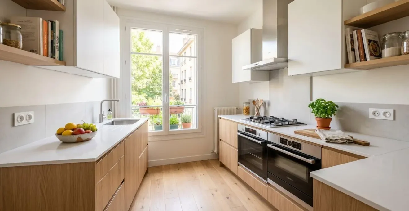 Cuisine moderne française lumineuse photographiée avec lumière naturelle et angle professionnel pour annonce immobilière, plan de travail rangé