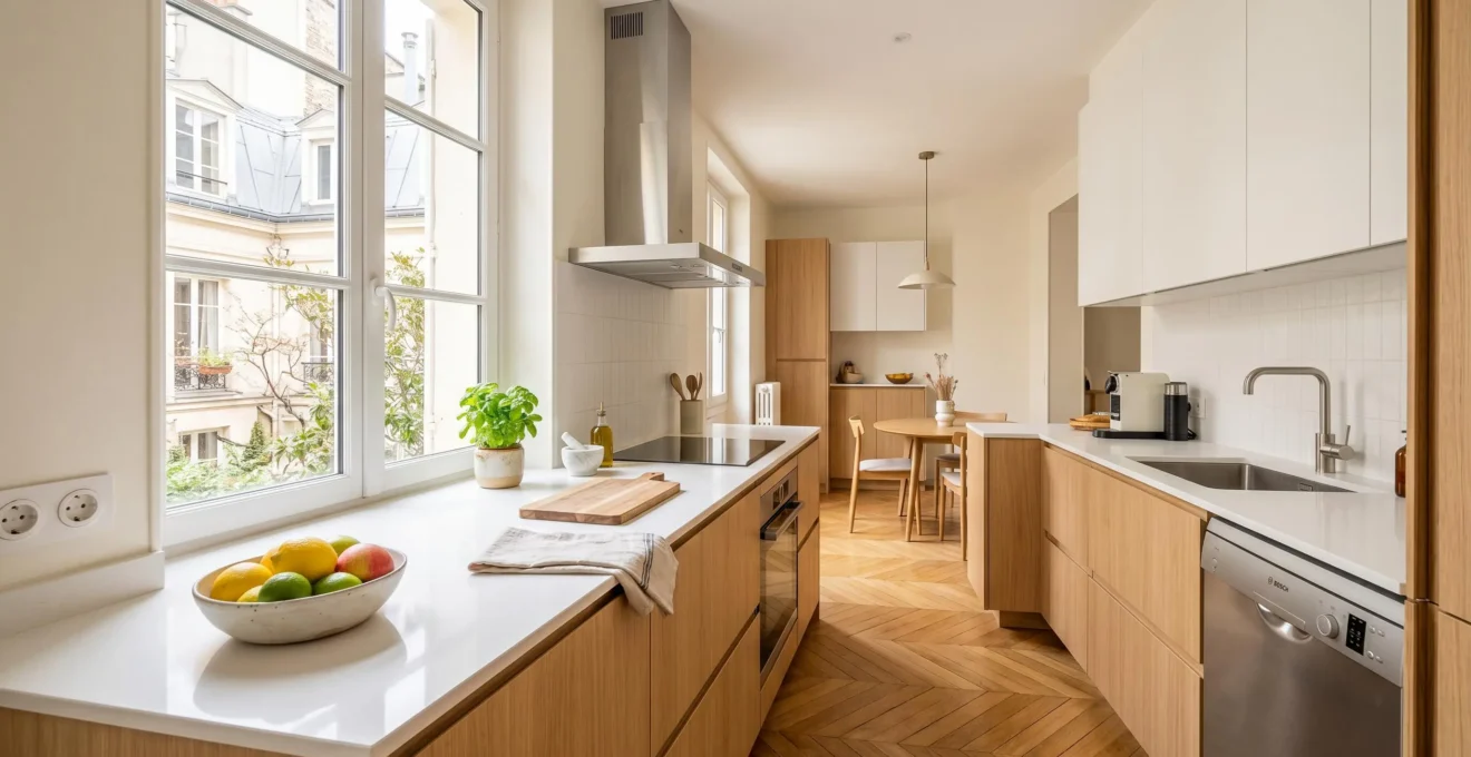 Cuisine moderne française lumineuse photographiée avec lumière naturelle et angle professionnel pour annonce immobilière, plan de travail rangé
