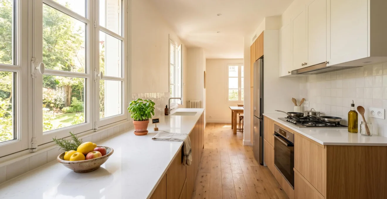Cuisine moderne française lumineuse photographiée avec lumière naturelle et angle professionnel pour annonce immobilière, plan de travail rangé