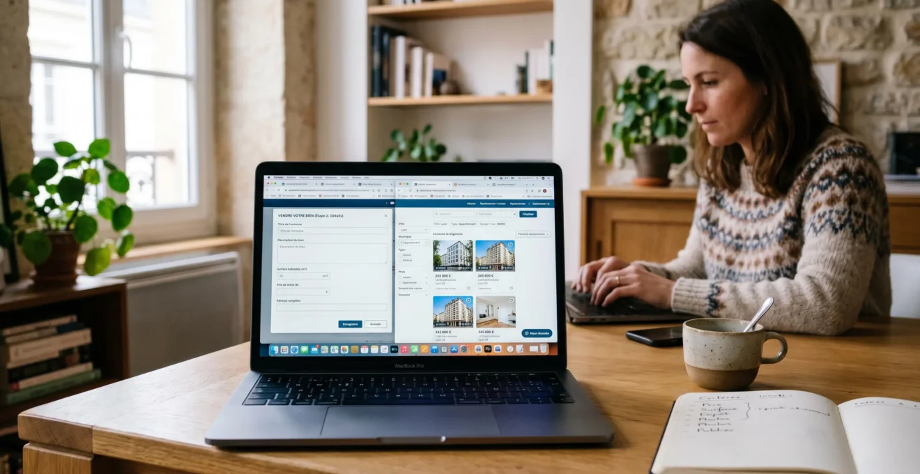 Écran d'ordinateur portable avec plusieurs onglets de plateformes d'annonces immobilières françaises ouvertes, propriétaire publiant son annonce en arrière-plan
