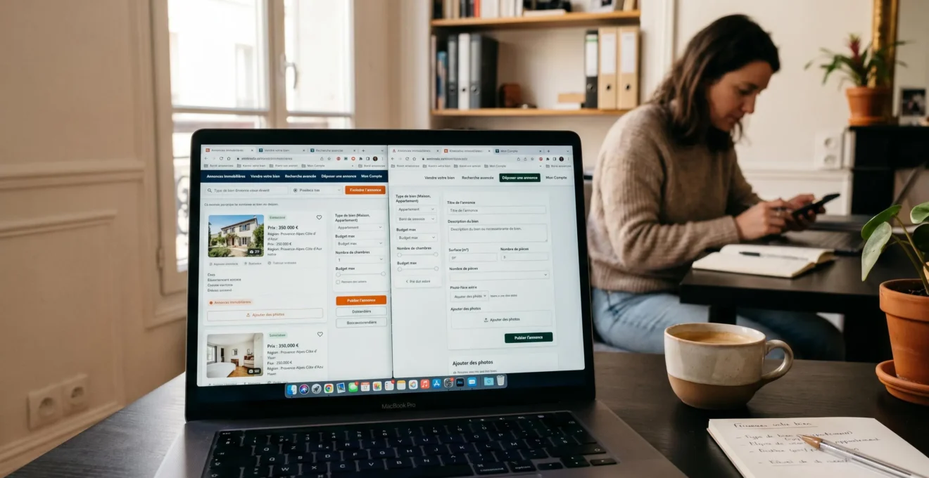 Écran d'ordinateur portable avec plusieurs onglets de plateformes d'annonces immobilières françaises ouvertes, propriétaire publiant son annonce en arrière-plan