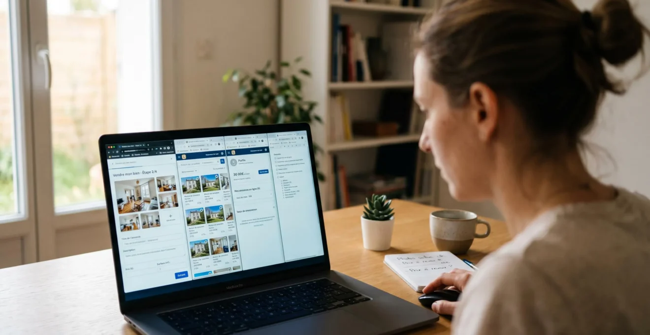 Écran d'ordinateur portable avec plusieurs onglets de plateformes d'annonces immobilières françaises ouvertes, propriétaire publiant son annonce en arrière-plan
