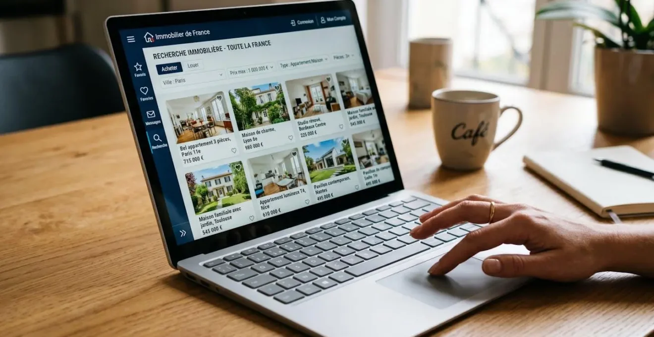 Écran d'ordinateur affichant des résultats de recherche d'annonces immobilières avec titres et prix en français, main d'acheteur consultant les annonces