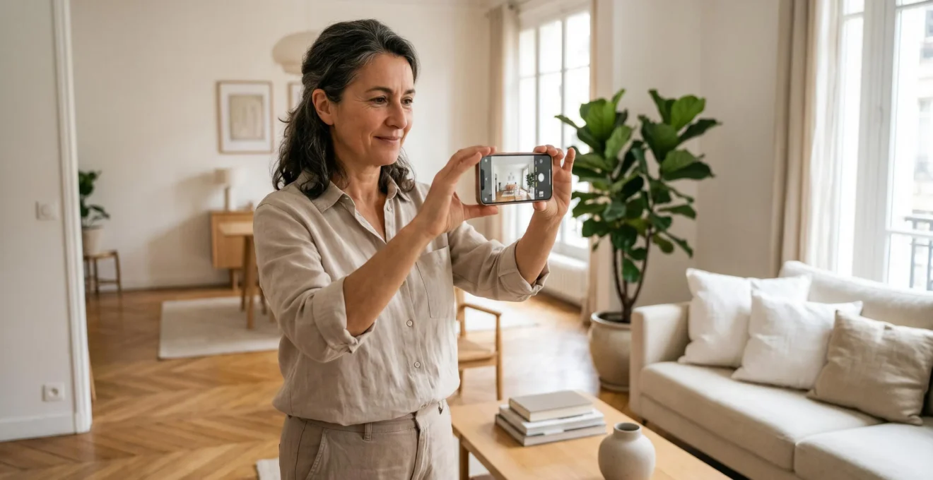 Écran d'ordinateur affichant des résultats de recherche d'annonces immobilières avec titres et prix en français, main d'acheteur consultant les annonces
