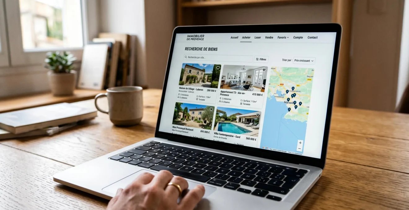 Écran d'ordinateur affichant des résultats de recherche d'annonces immobilières avec titres et prix en français, main d'acheteur consultant les annonces