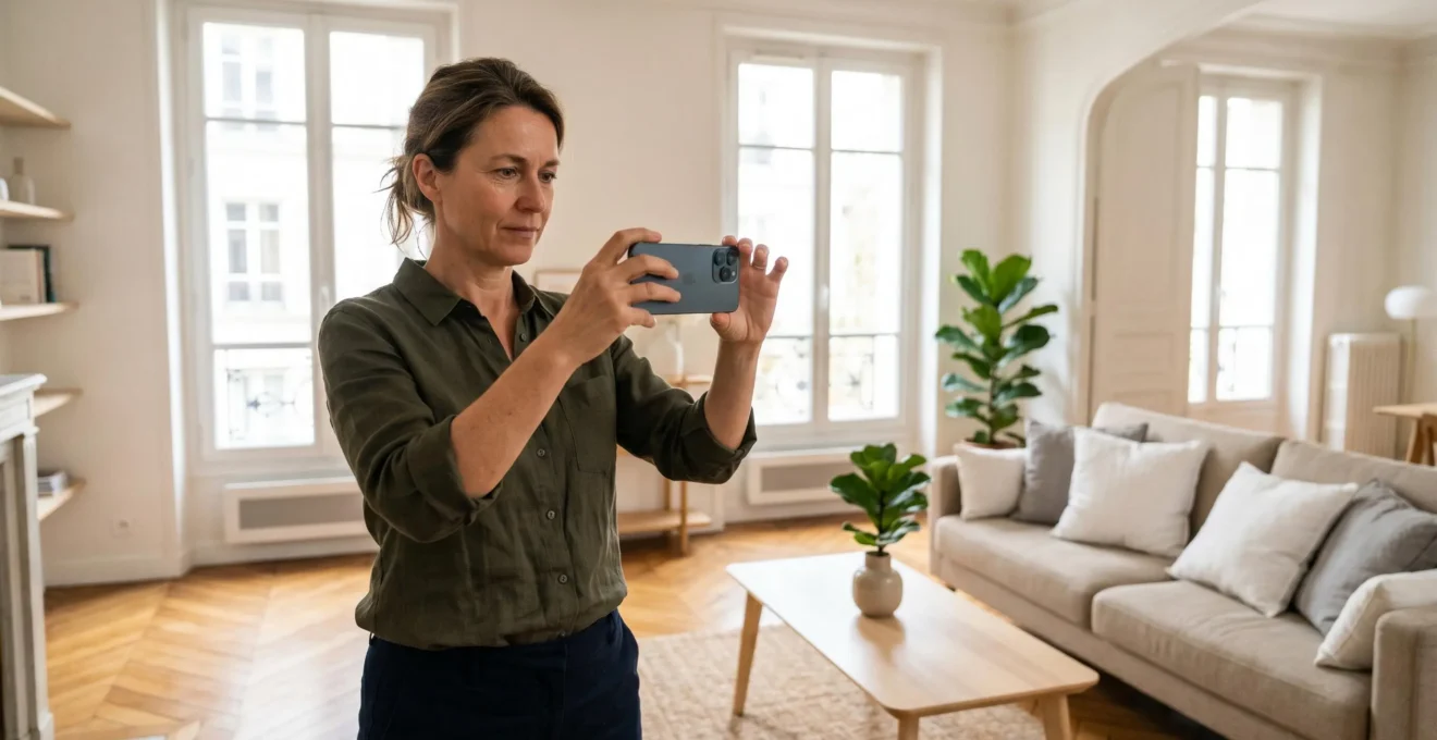 Femme photographiant son salon lumineux avec un smartphone pour créer une annonce immobilière attractive, lumière naturelle, intérieur contemporain français