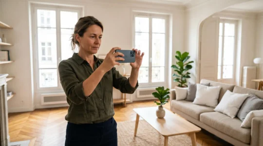 Femme photographiant son salon lumineux avec un smartphone pour créer une annonce immobilière attractive, lumière naturelle, intérieur contemporain français