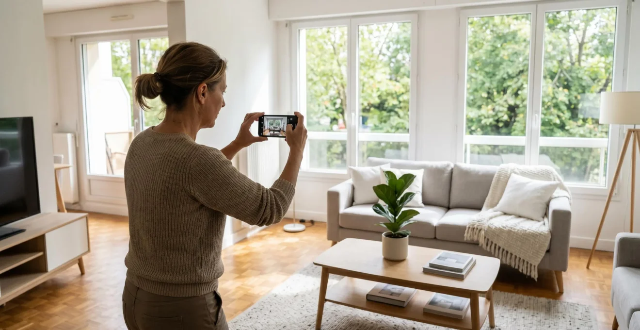 Femme photographiant son salon lumineux avec un smartphone pour créer une annonce immobilière attractive, lumière naturelle, intérieur contemporain français