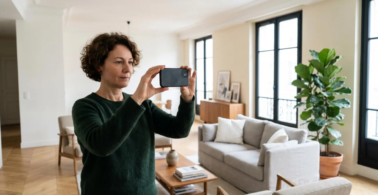 Femme photographiant son salon lumineux avec un smartphone pour créer une annonce immobilière attractive, lumière naturelle, intérieur contemporain français