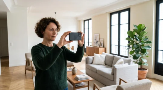 Femme photographiant son salon lumineux avec un smartphone pour créer une annonce immobilière attractive, lumière naturelle, intérieur contemporain français