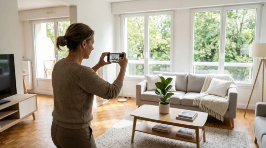 Femme photographiant son salon lumineux avec un smartphone pour créer une annonce immobilière attractive, lumière naturelle, intérieur contemporain français