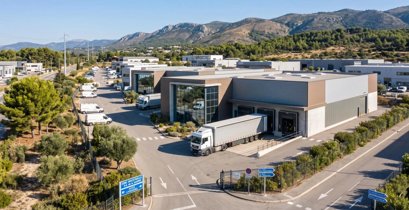 Zone d'activités industrielle moderne dans les Alpes-Maritimes avec entrepôts contemporains, camion de livraison en activité et environnement méditerranéen
