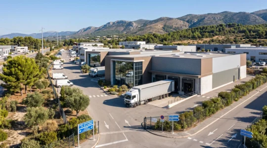 Zone d'activités industrielle moderne dans les Alpes-Maritimes avec entrepôts contemporains, camion de livraison en activité et environnement méditerranéen