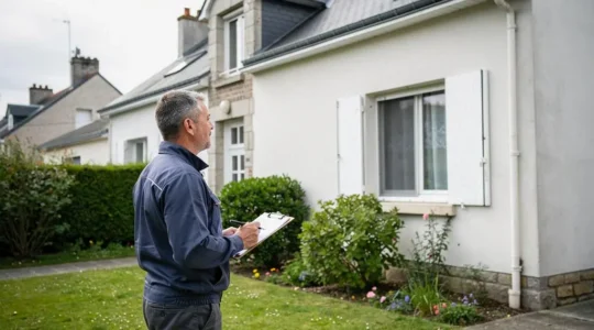 Professional building inspector examining a single-family house with garden in Nantes residential area