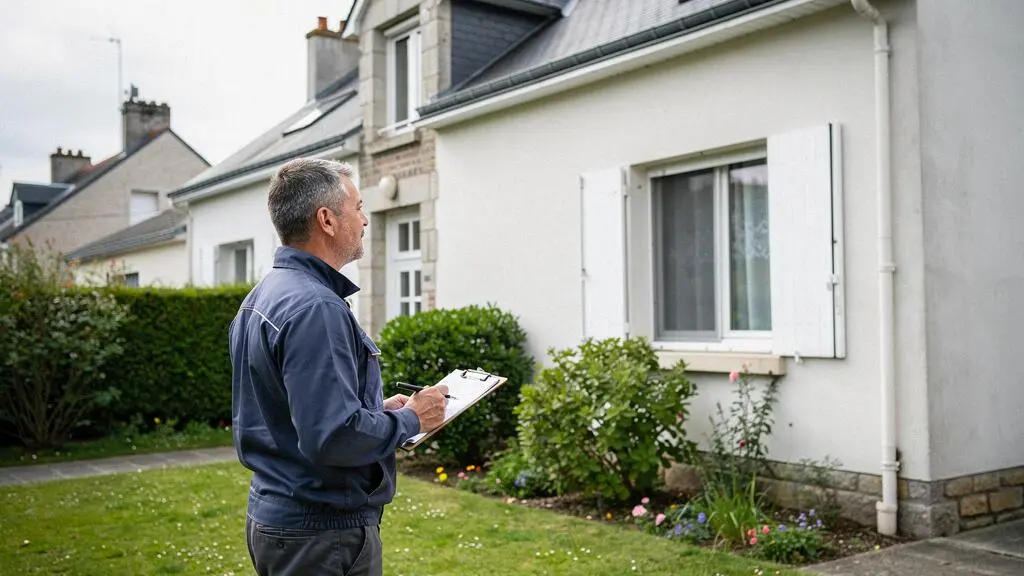 Professional building inspector examining a single-family house with garden in Nantes residential area