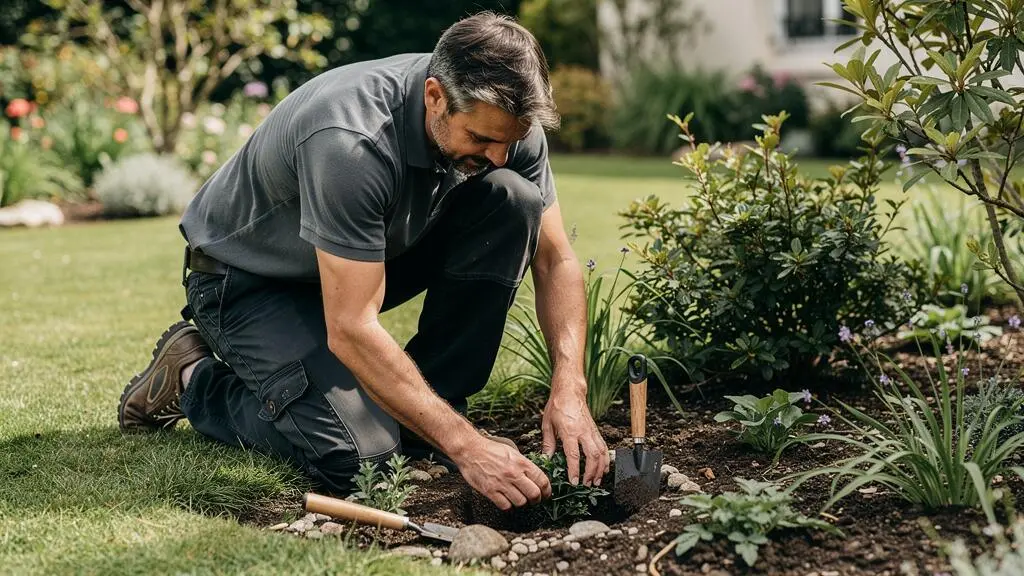 Expert crouching to examine soil quality and drainage in a residential garden