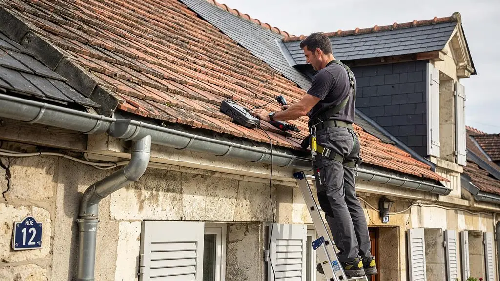 Building diagnostician inspecting the roof structure and gutters of a residential house